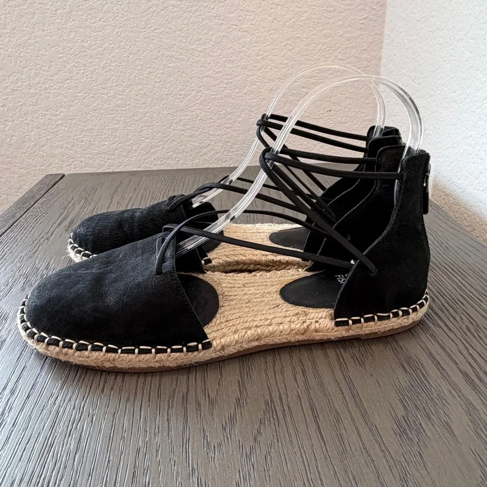 Eileen Fisher Black Suede Lace Up Espadrille Flats Back Zip Sandals‎ 7.5